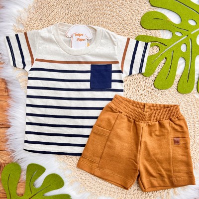 Conj. Camiseta Listrada com Bolso e Bermuda - Marinho e Ferrugem